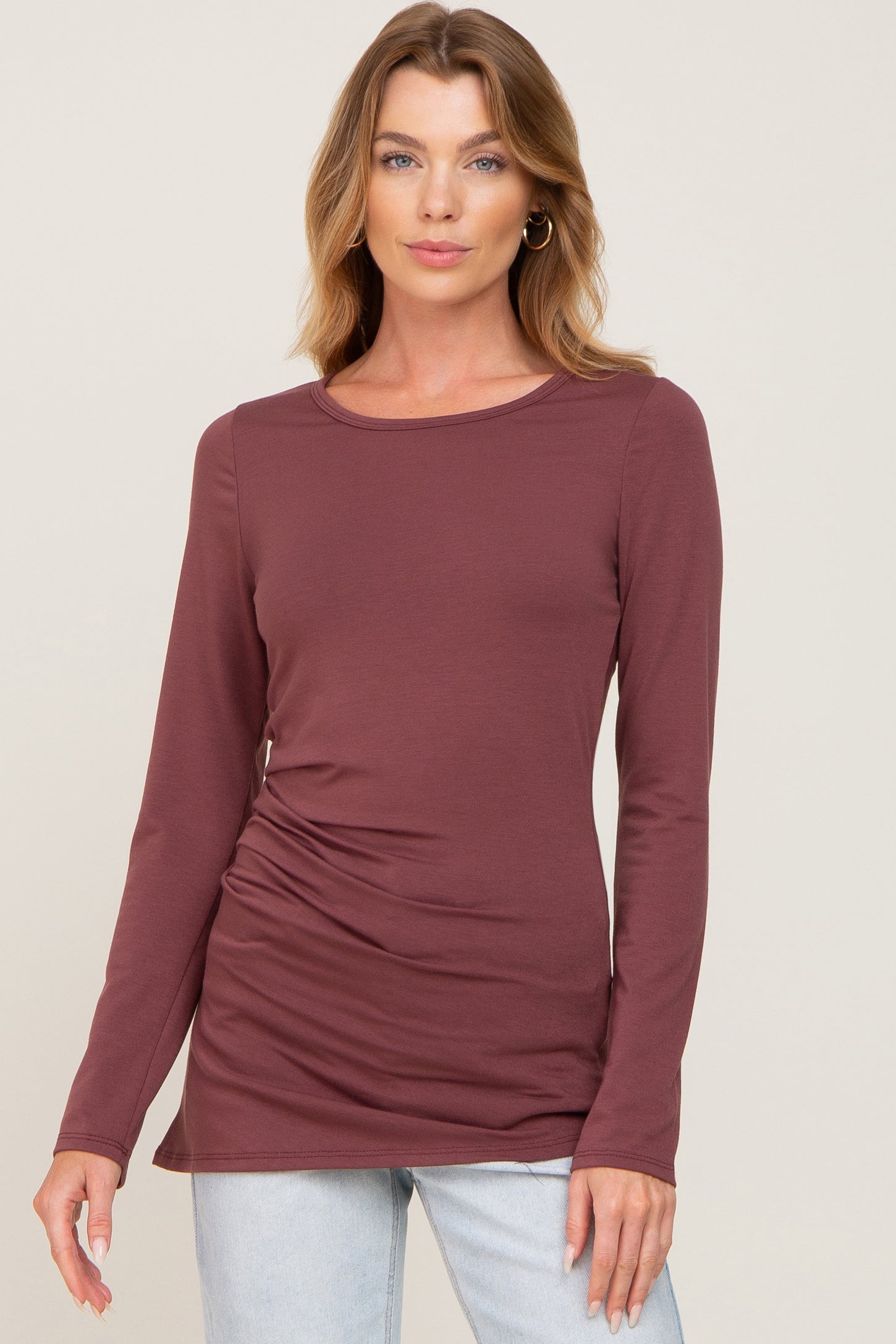 Burgundy Ruched Side Long Sleeve Maternity Top