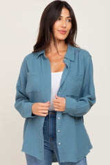 Blue Frayed Hem Button Down Maternity Top