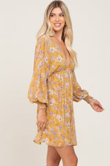 Yellow Floral Chiffon Pleated Long Sleeve Dress