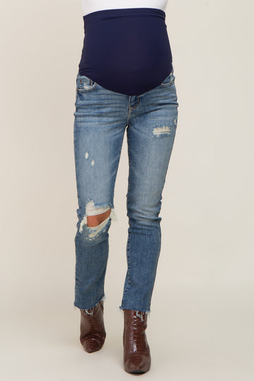 Light Blue Distressed Raw Hem Maternity Jeans