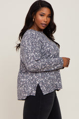 Navy Floral Side Slit Plus Long Sleeve Top