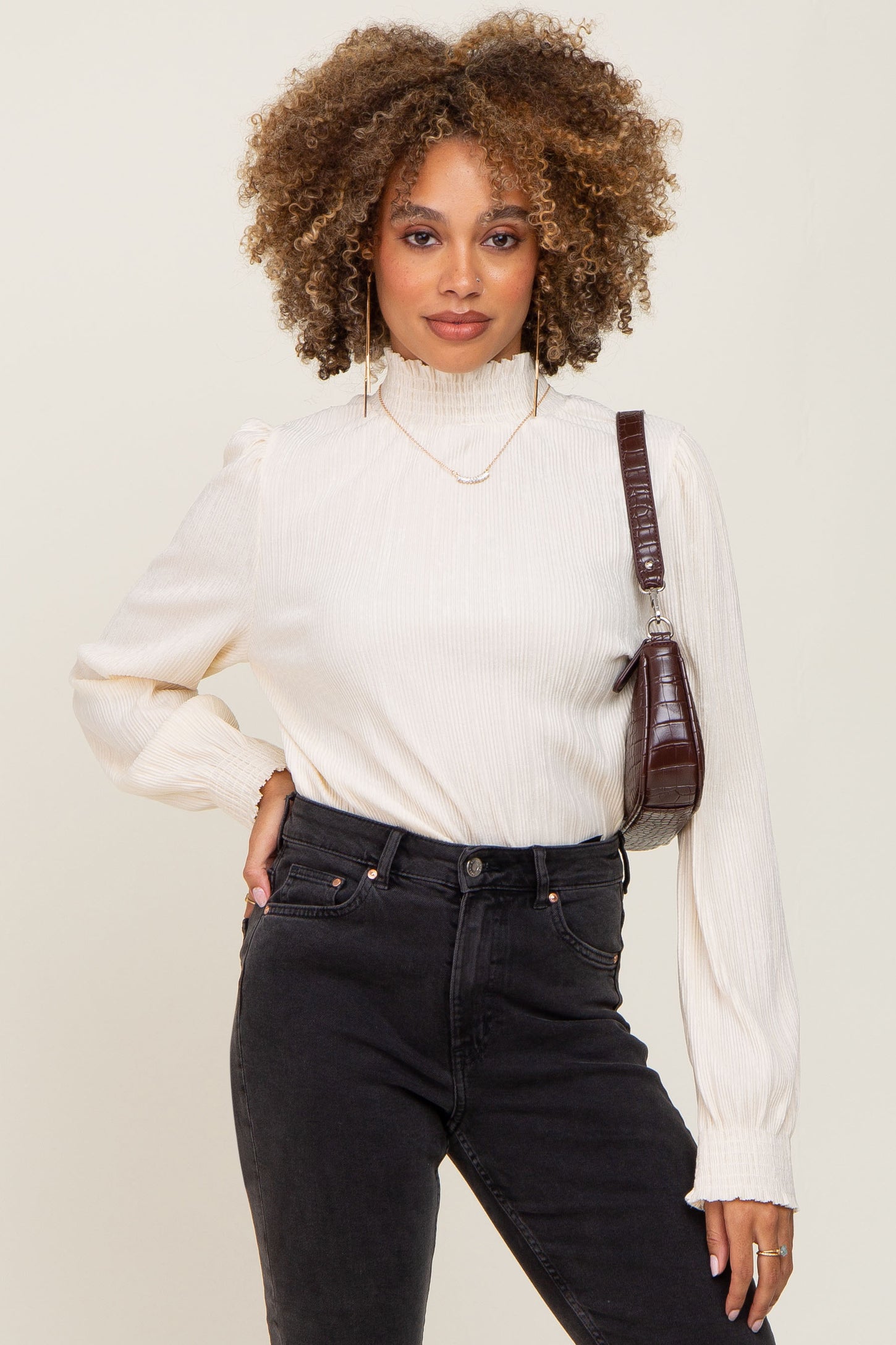 Ivory Velvet Pleated Mock Neck Blouse