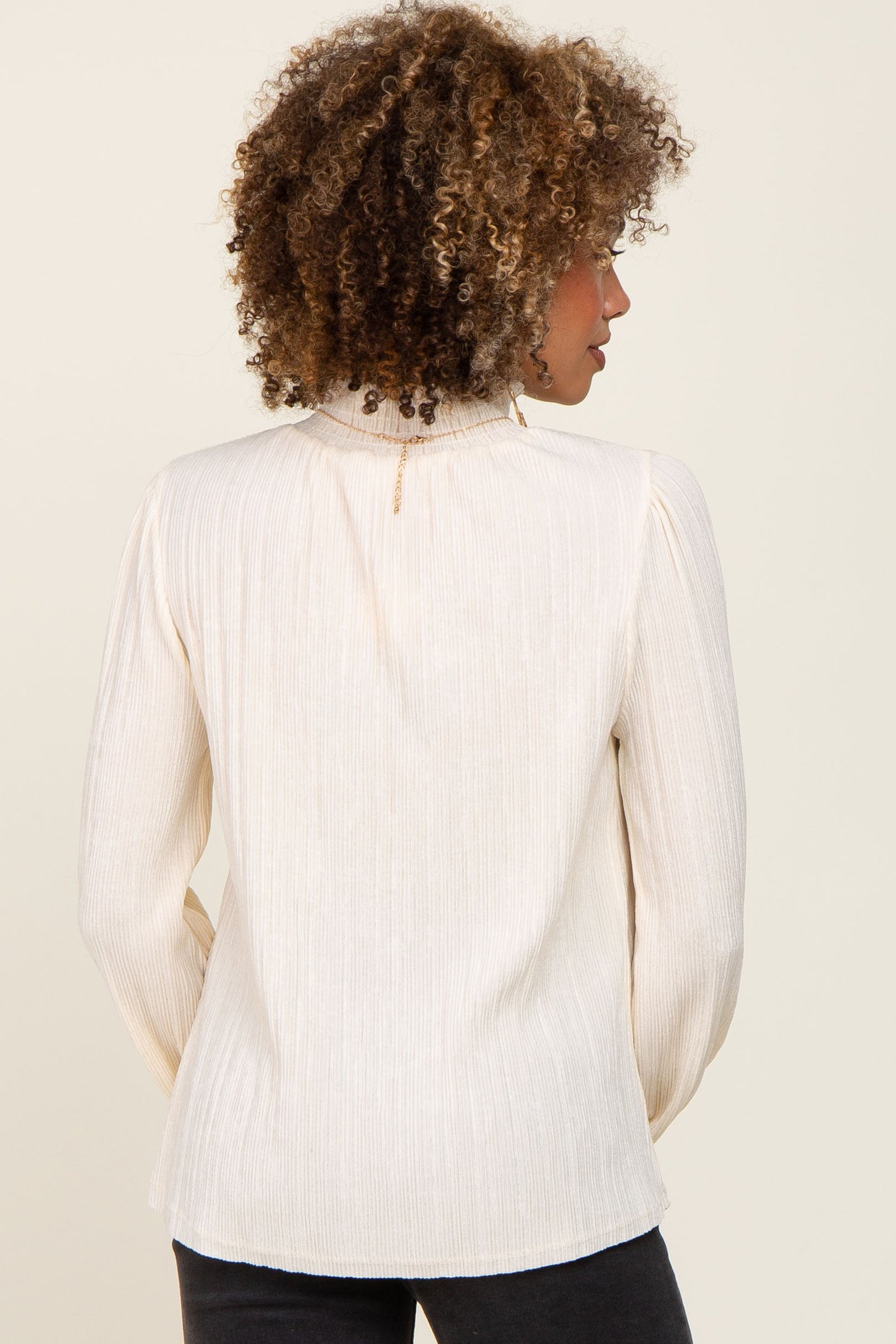 Ivory Velvet Pleated Mock Neck Blouse