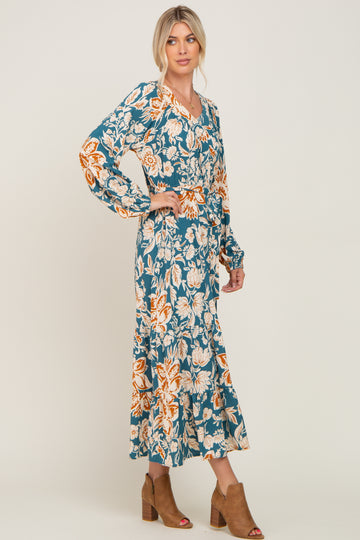 Teal Floral V-Neck Midi Dress