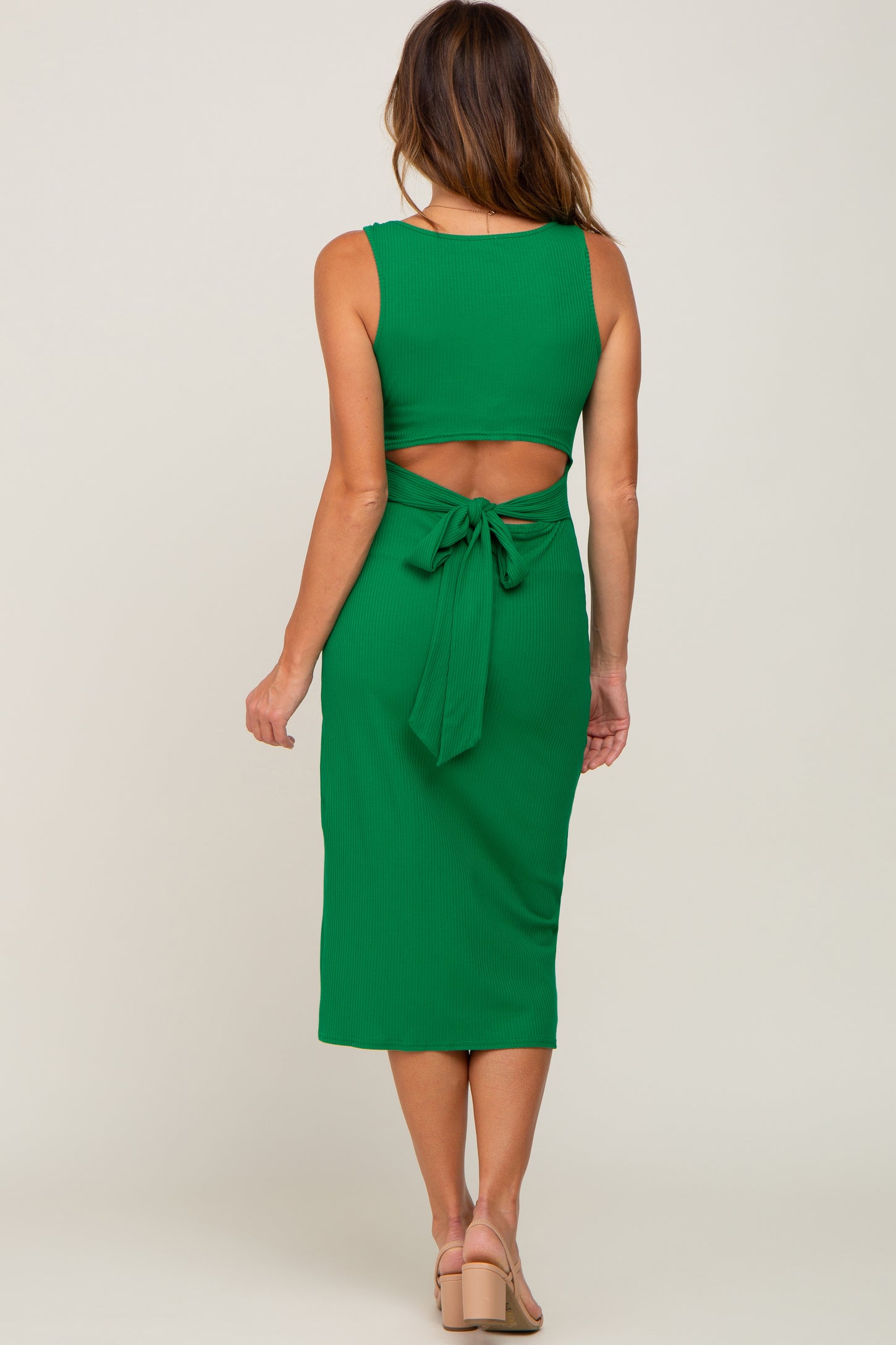 Green Ribbed Back Cutout Midi Dress