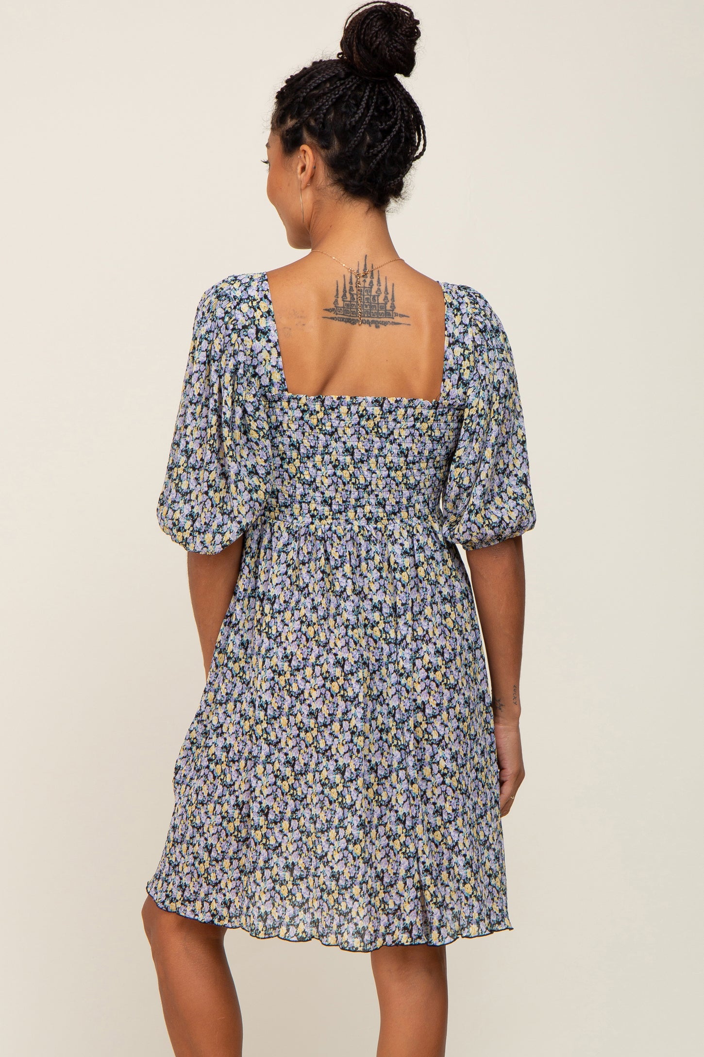 Black Floral Pleated Puff Sleeve Dress