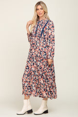 Navy Floral Pleated Front Button Maxi Dress