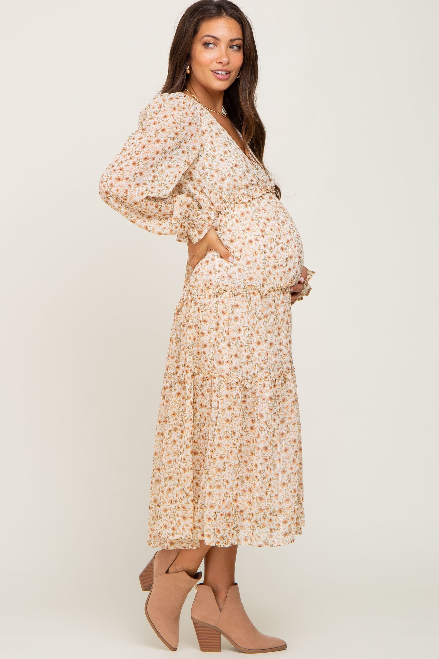 Cream Floral Ruffle Tiered Maternity Midi Dress