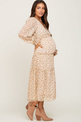 Cream Floral Ruffle Tiered Maternity Midi Dress