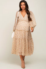 Cream Floral Ruffle Tiered Maternity Midi Dress