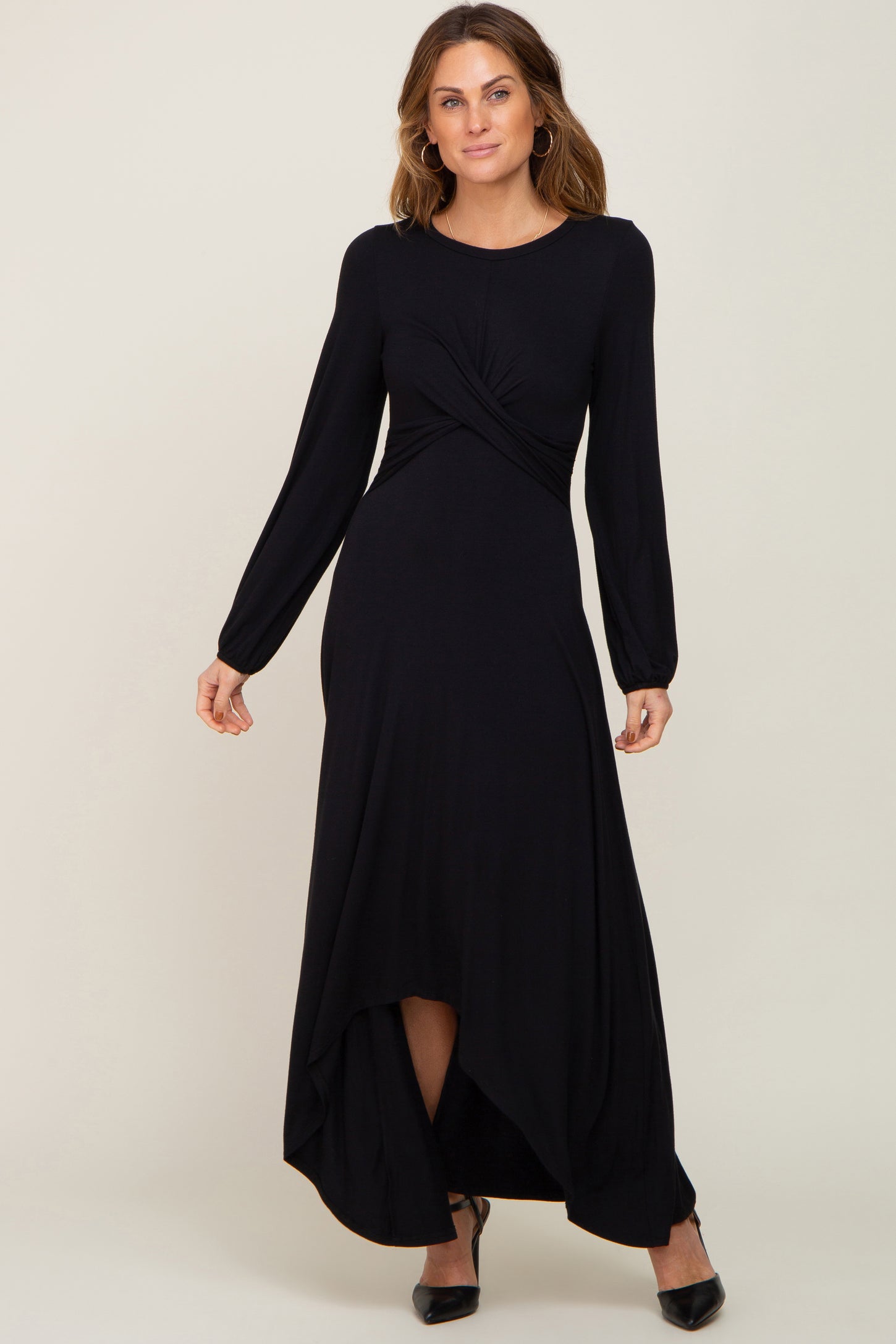 Black Twisted Long Sleeve Hi-Low Hem Maternity Maxi Dress
