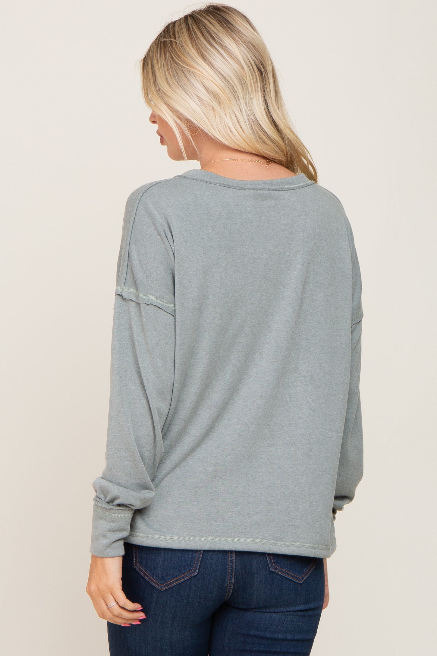 Sage Button Front Terry Long Sleeve Top