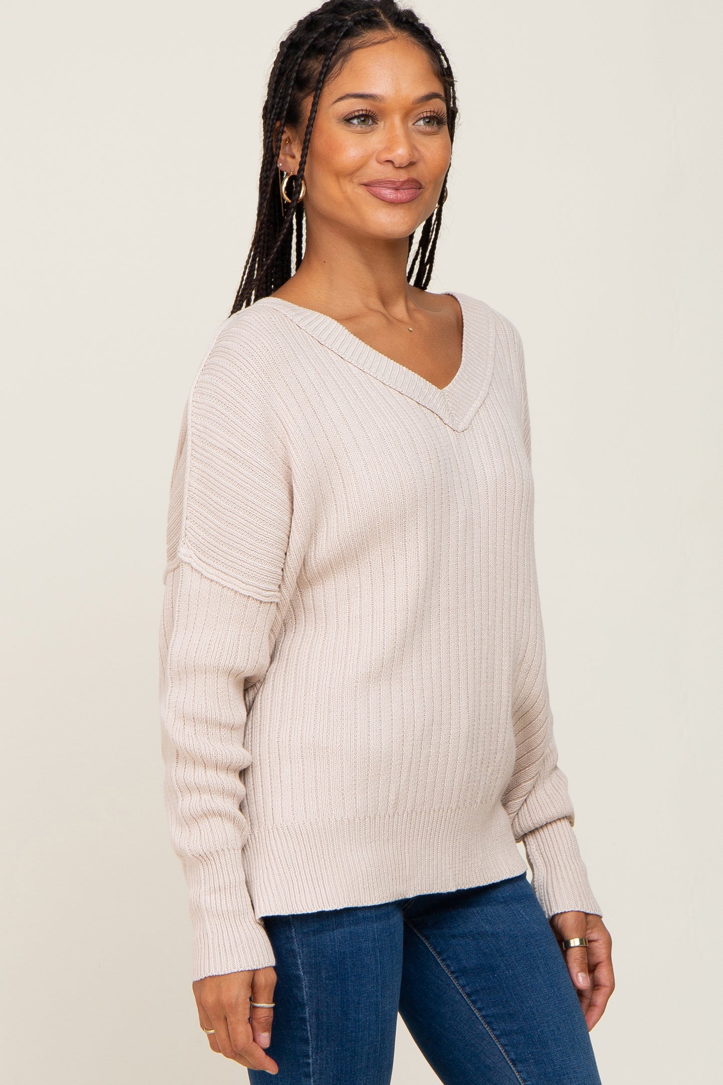Beige V-Neck Oversized Sweater