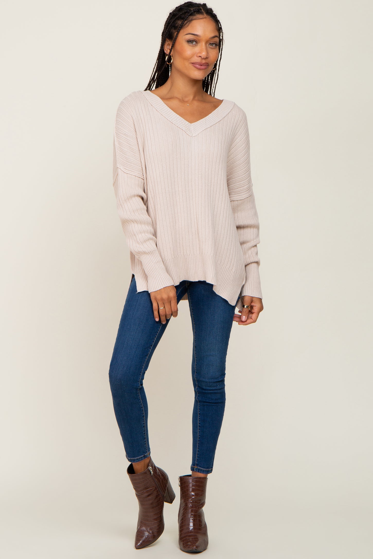 Beige V-Neck Oversized Sweater