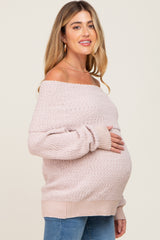 Beige Foldover Off Shoulder Maternity Sweater
