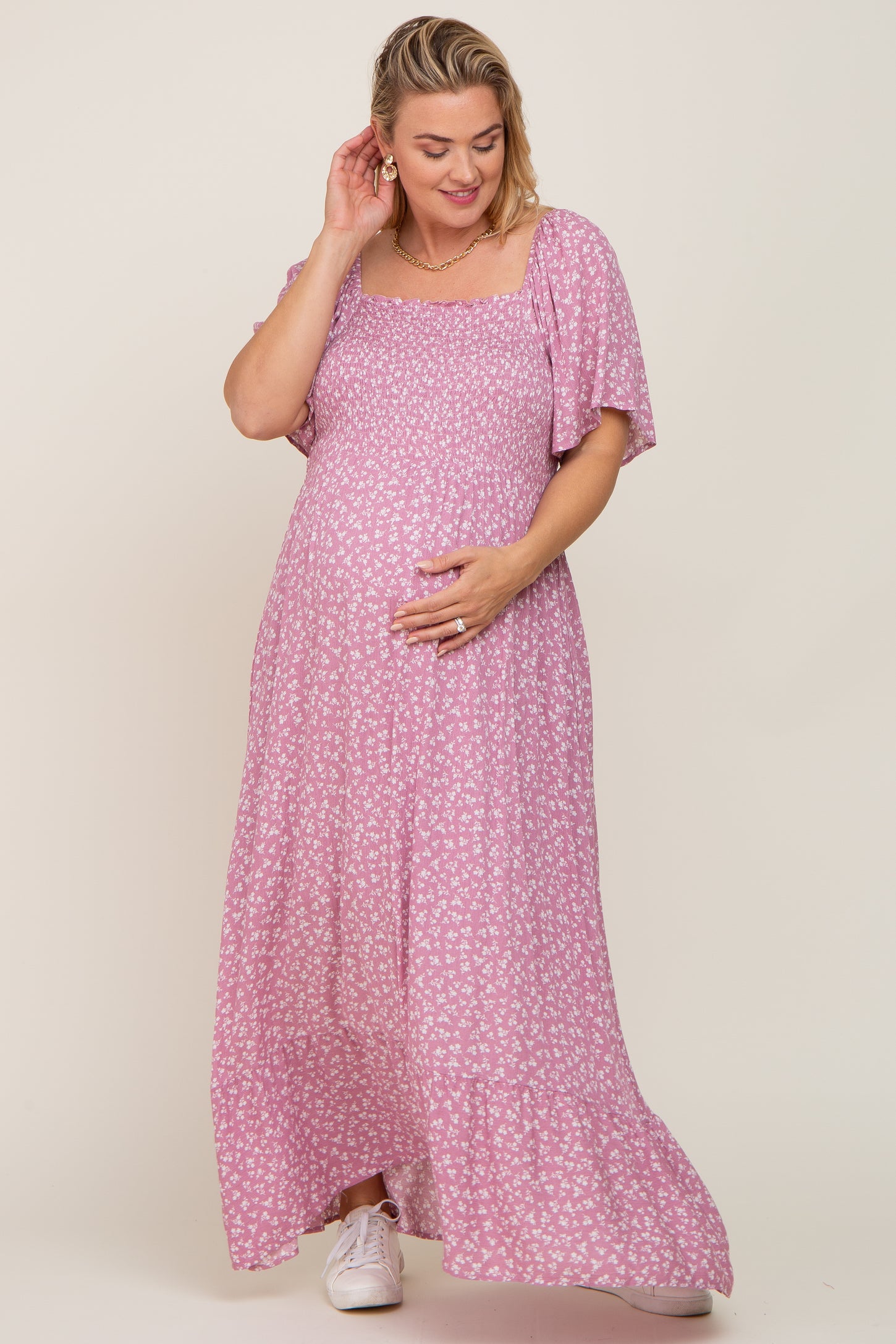 Lavender Floral Smocked Flounce Sleeve Maternity Plus Maxi Dress