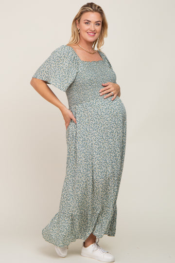 Mint Green Floral Smocked Flounce Sleeve Maternity Plus Maxi Dress