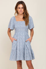 Light Blue Floral Smocked Square Neck Ruffle Hem Dress