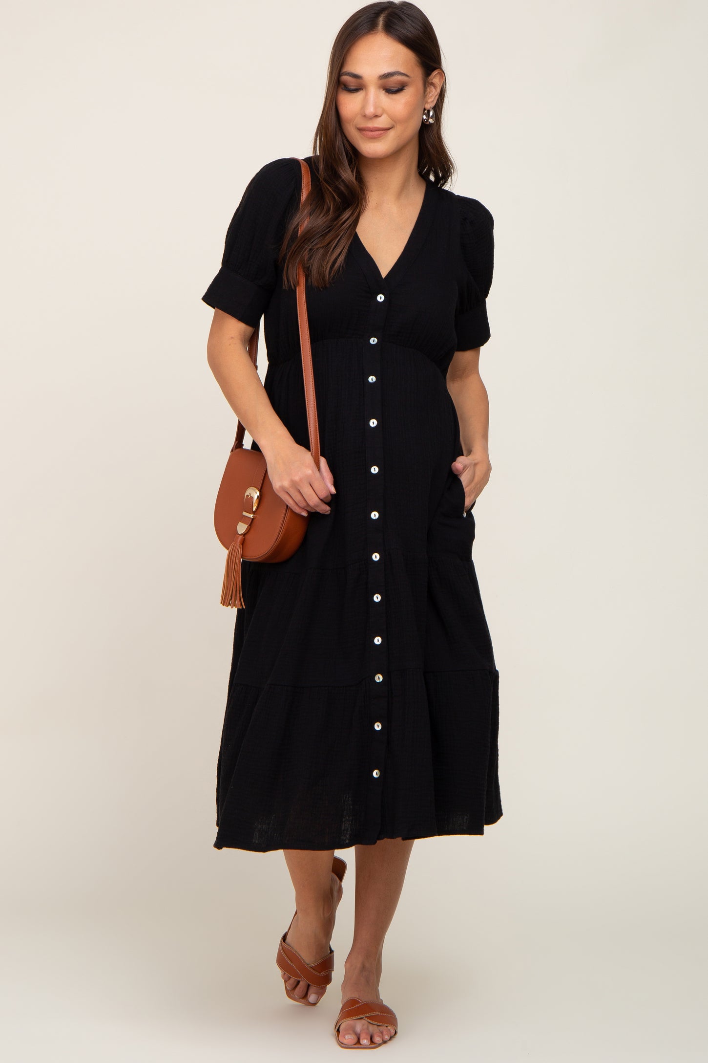 Black Button Down Short Sleeve Maternity Dress