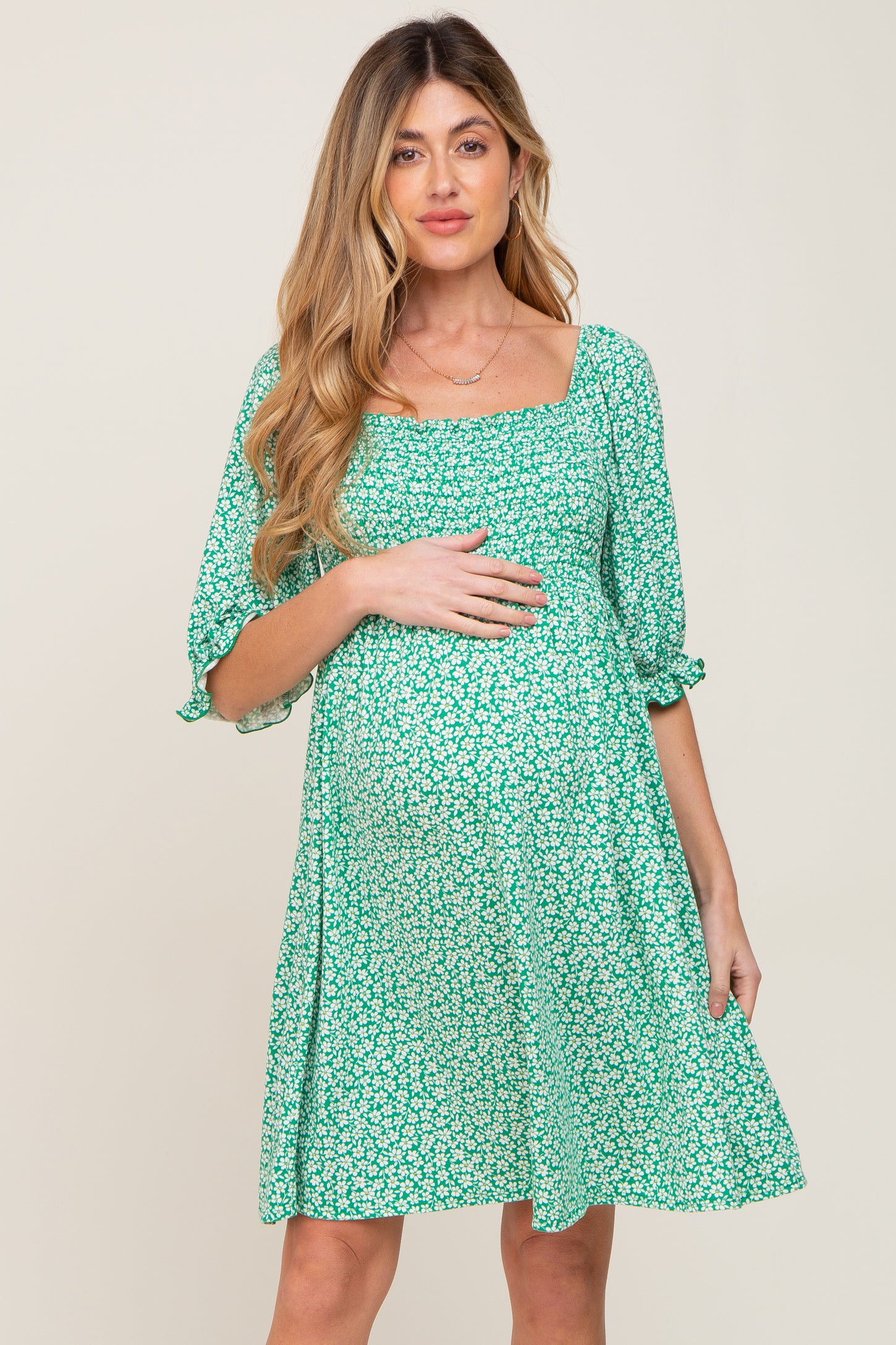 Green Floral Smocked Square Neck Maternity Dress