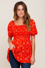 Orange Floral Smocked Square Neck Top