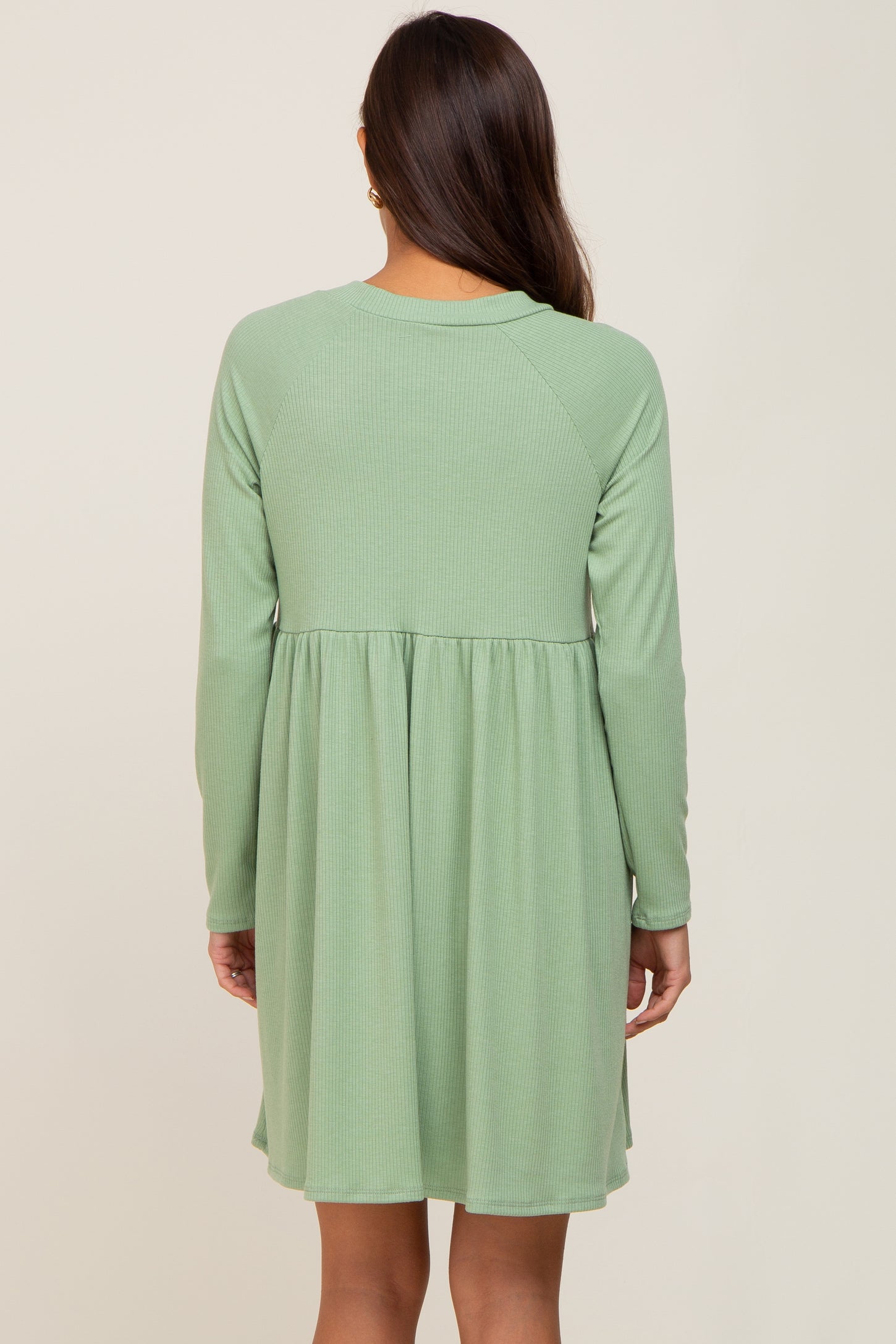 Green Ribbed Basic Long Sleeve Maternity Dress