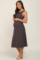Charcoal Ribbed Sleeveless A-Line Maternity Midi Dress