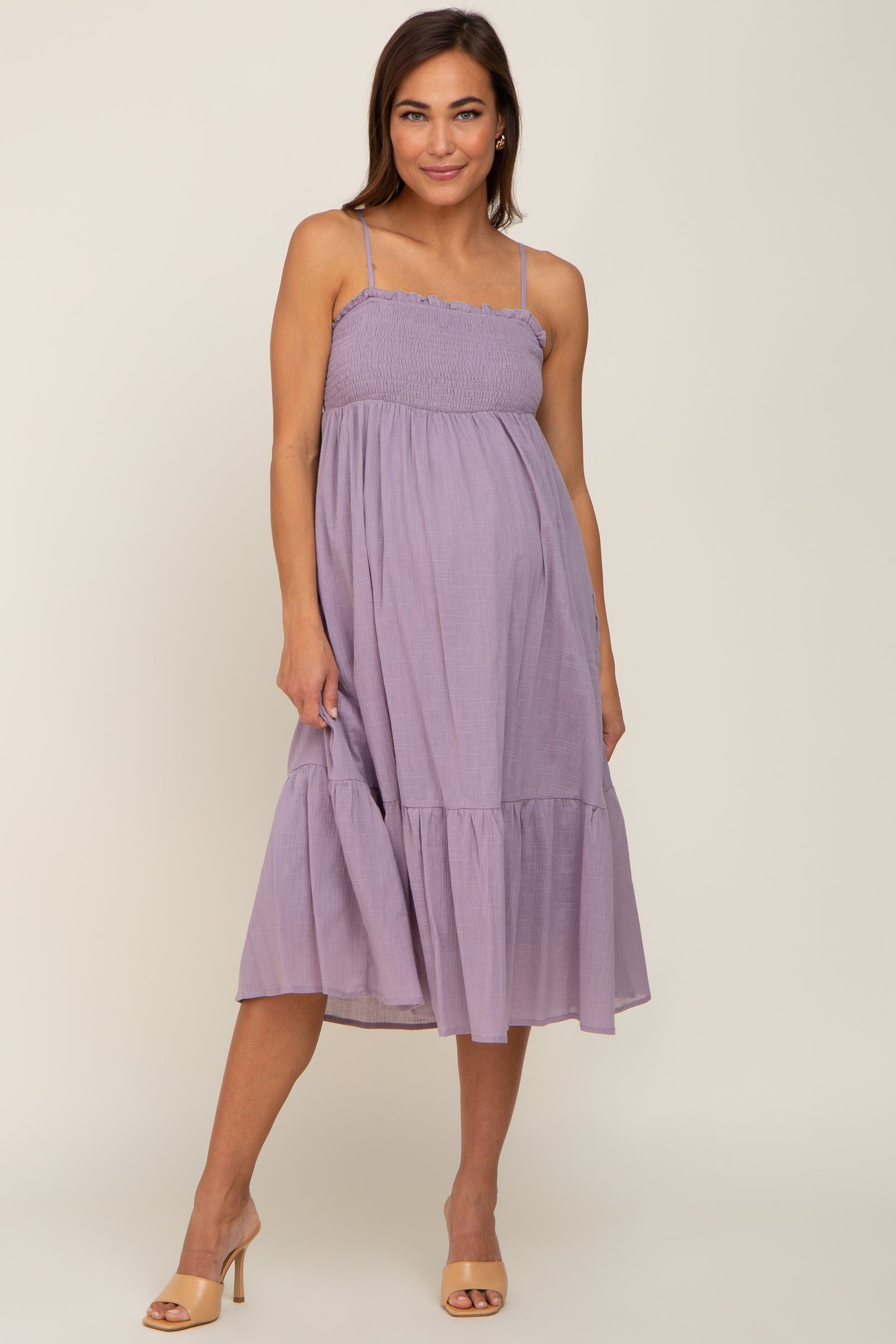 Lavender Smocked Sleeveless Linen Maternity Midi Dress