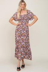 Black Leaf Smocked Flounce Sleeve Maternity Maxi Dress