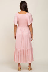Light Pink Satin Smocked Maternity Midi Dress