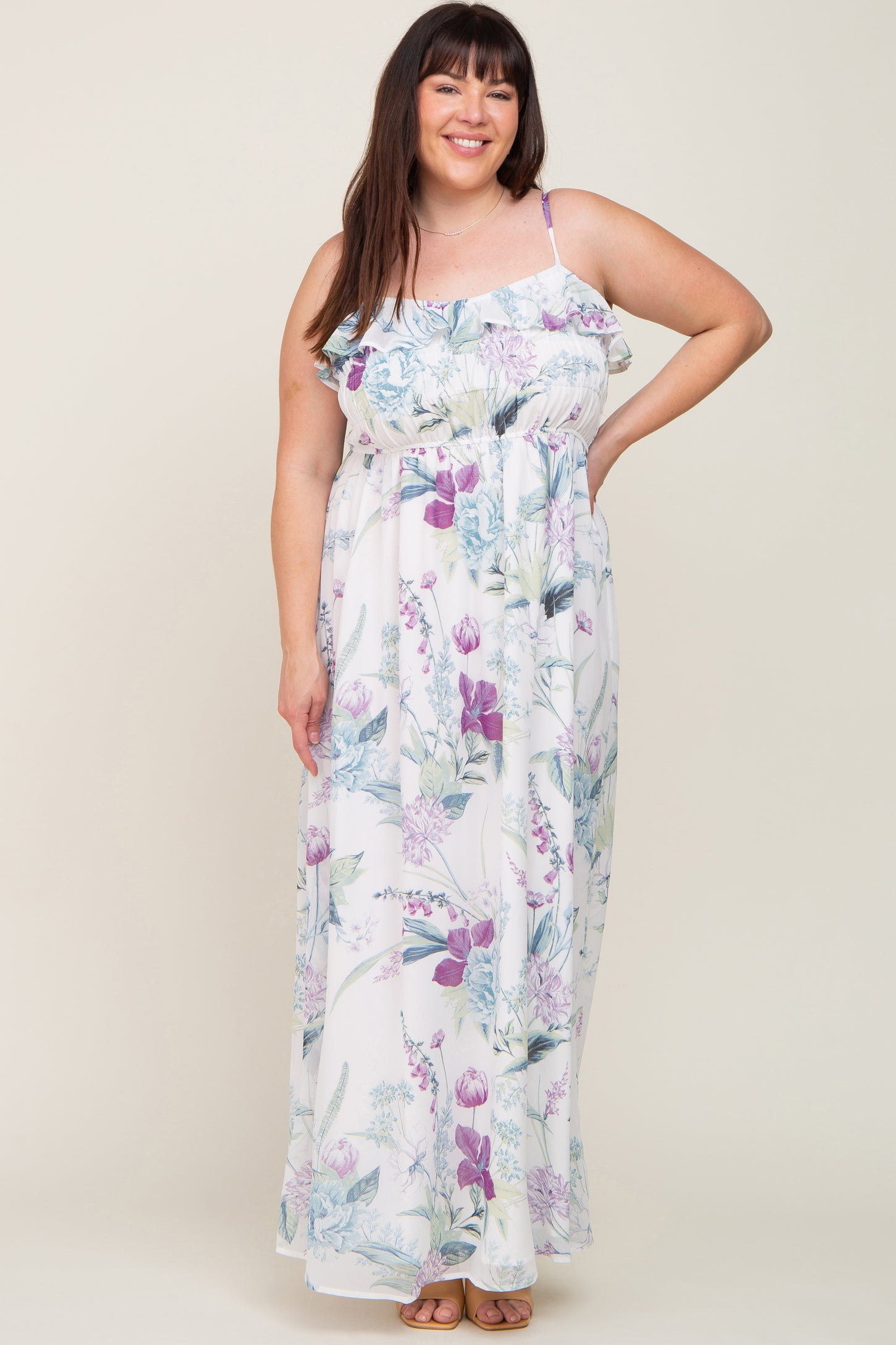 White Floral Sleeveless Ruffle Plus Maternity Maxi Dress
