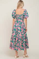Teal Floral Square Neck Smocked Midi Dress