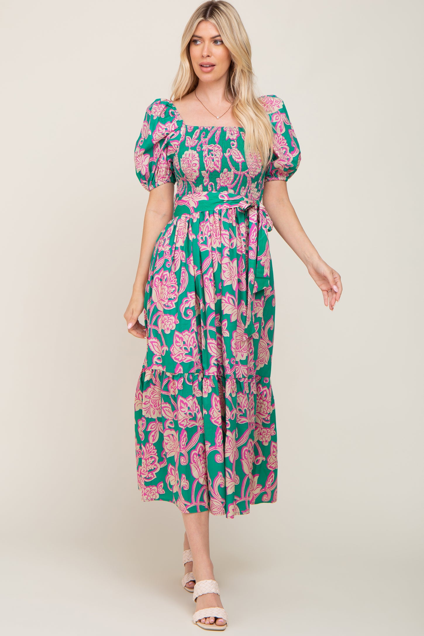 Teal Floral Square Neck Smocked Midi Dress