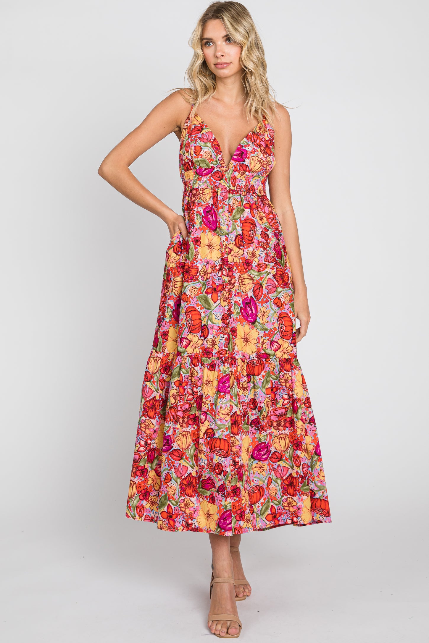 Red Floral Open Back Maternity Maxi Dress