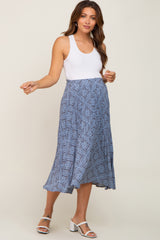 Blue Printed Pleated Maternity Midi Skirt