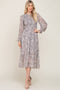 Grey Floral Smocked Long Sleeve Maxi Dress