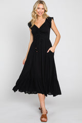 Black Smocked Ruched Ruffle Hem Maxi Dress