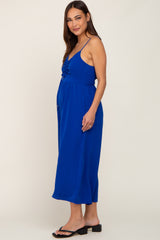 Royal Blue Sleeveless Ruched Drawstring Maternity Jumpsuit