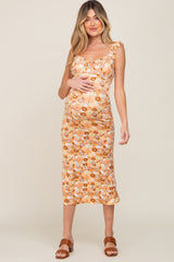 Peach Floral Fitted Maternity Midi Dress