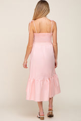 Pink Smocked Shoulder Tie Maternity Midi Dress