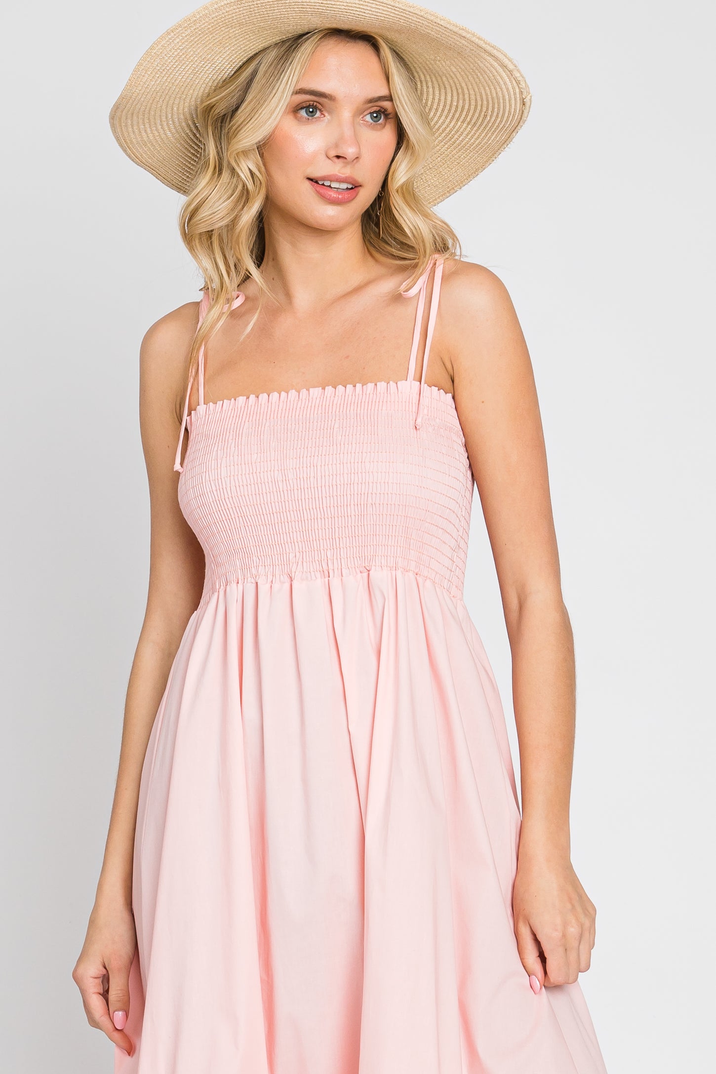 Pink Smocked Shoulder Tie Midi Dress