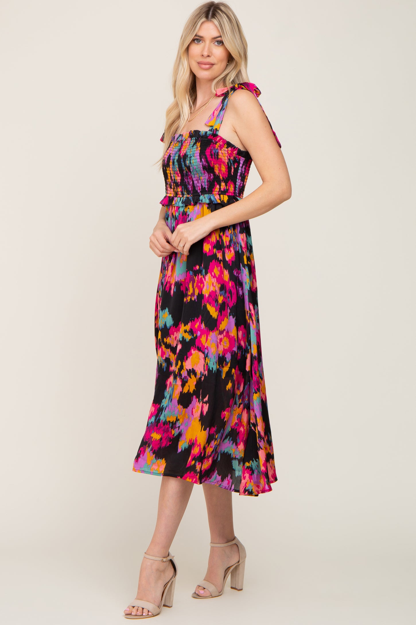 Black Printed Satin Smocked Midi Dress