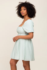 Sage Striped Pleated Puff Sleeve Mini Dress