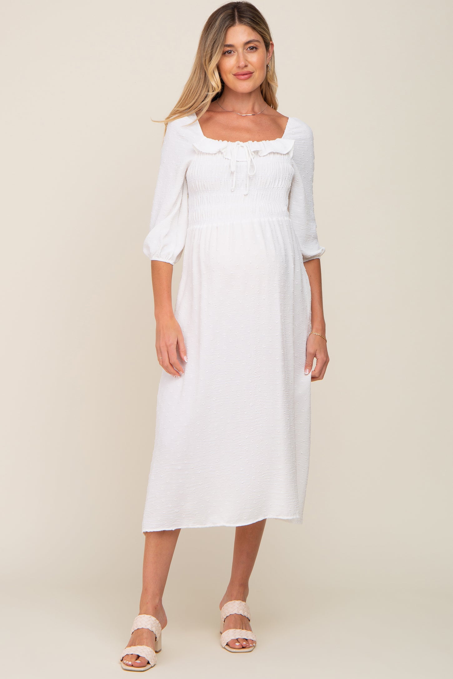 Ivory Swiss Dot 3/4 Sleeve Maternity Midi Dress