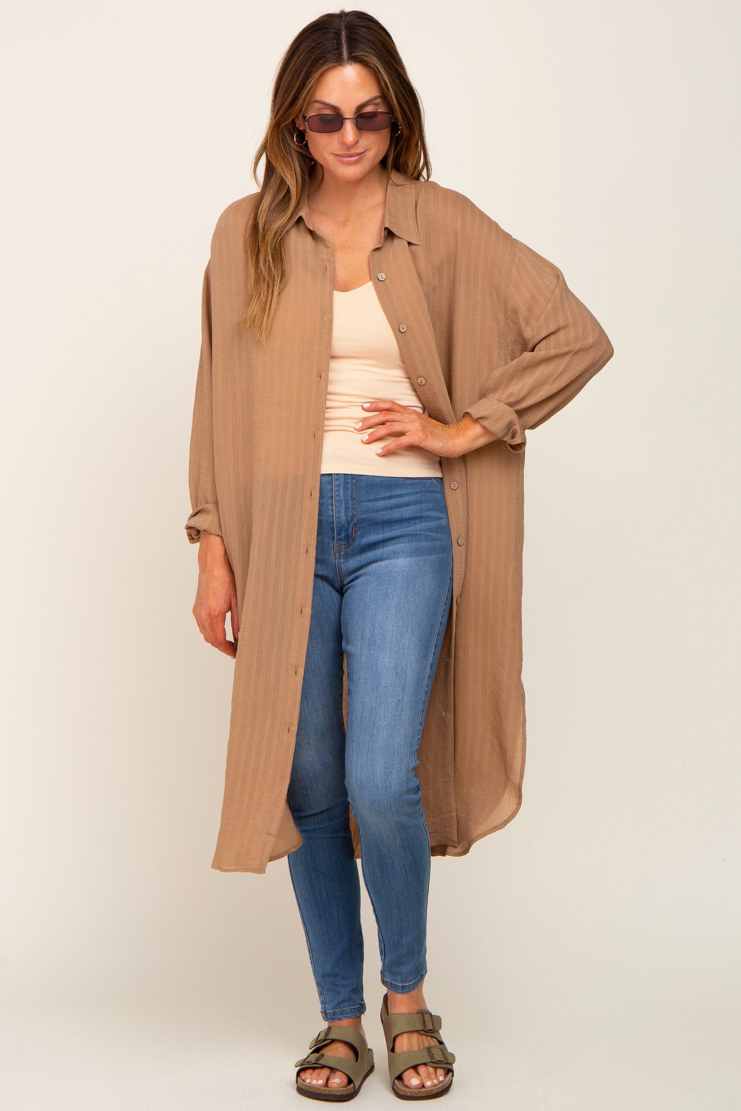 Taupe Striped Lightweight Button Down Top