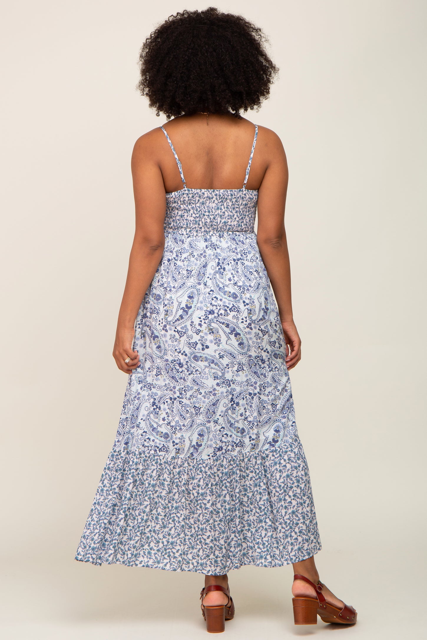 Blue Floral Paisley Smocked Button Front Maxi Dress