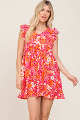 Pink Floral Ruffle Sleeve Babydoll Dress
