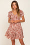 Rust Printed Smocked V-Neck Dress
