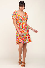 Pink Floral Square Neck Short Puff Sleeve Dress