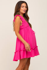 Fuchsia Smocked Ruffle Accent Maternity Dress